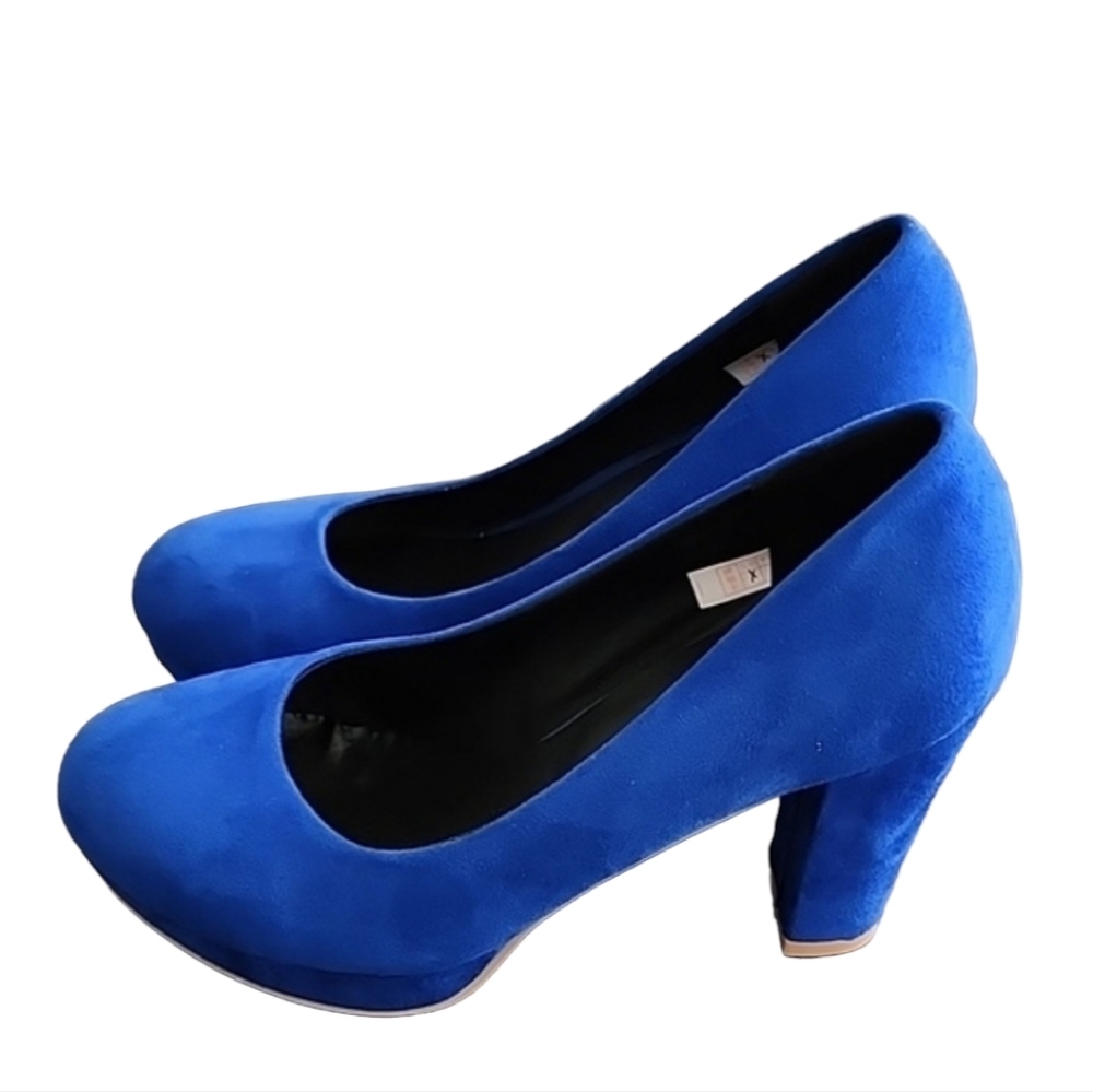 COBALT BLUE VEGAN SUEDE Platform Pumps 7.5 Heels Y2K Vibe Chunky Heel - Picture 15 of 16